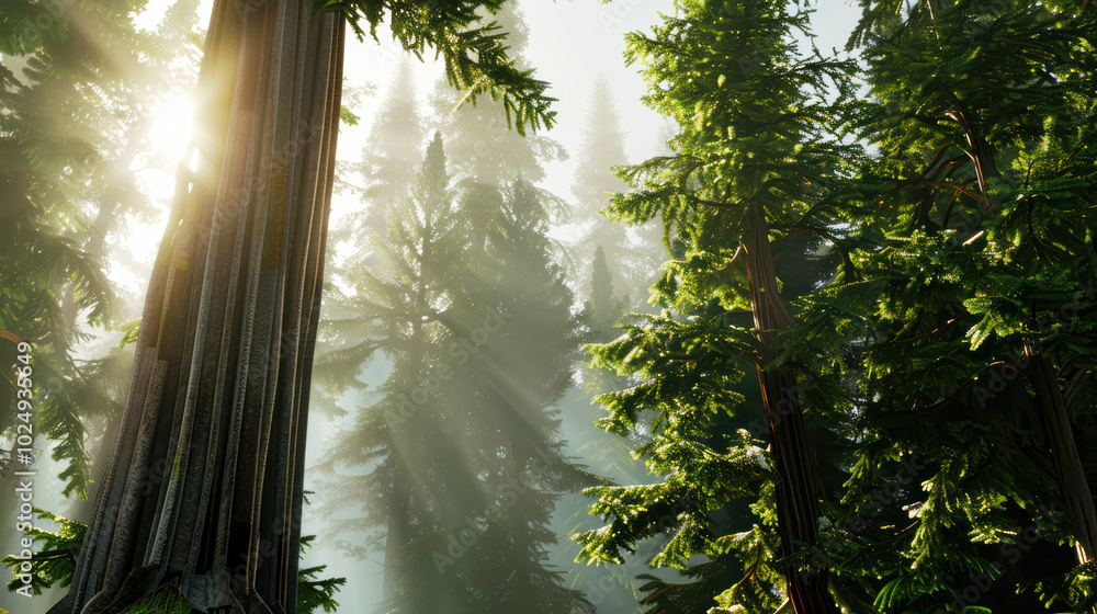 Poster majestic forest scene with sunlight filtering through tall trees, creating serene atmosphere. interp
