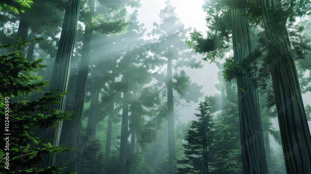 Poster majestic forest with towering trees, sunlight filtering through mist, creating serene and tranquil a