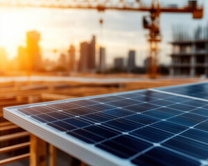 Fototapeta premium close up view of solar panels on construction site, showcasing energy efficient technology in urban setting. warm sunlight enhances scene, highlighting sustainability