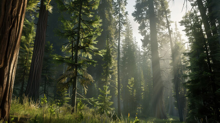 Fototapeta premium serene forest scene with tall trees, sunlight filtering through foliage, and lush green undergrowth creates peaceful atmosphere. interplay of light and shadow enhances natural beauty