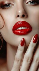 Fototapeta premium Close-up of a woman with fair skin, red lipstick, gradient nails, blue eyes, long lashes, and full eyebrows. Sensual and elegant gaze.