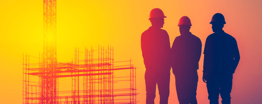Construction workers silhouette at sunset discussing project plans, showcasing teamwork and dedication to sustainable infrastructure development