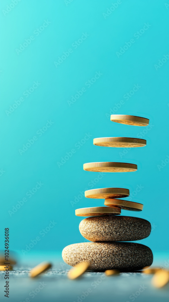 Poster stacked coins on smooth stones create visually appealing representation of financial growth and stab