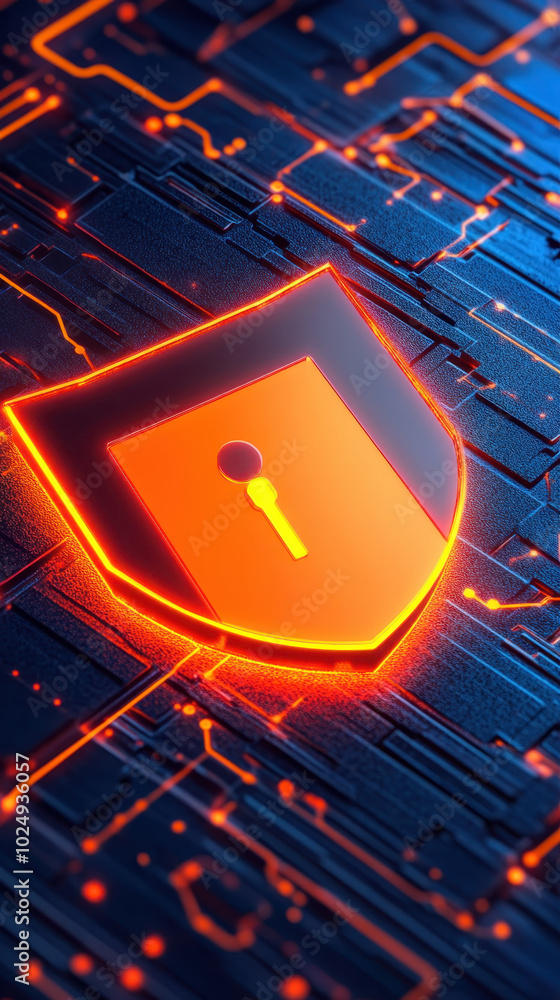 Poster glowing shield symbolizing cybersecurity and protection against digital threats, set against backdro