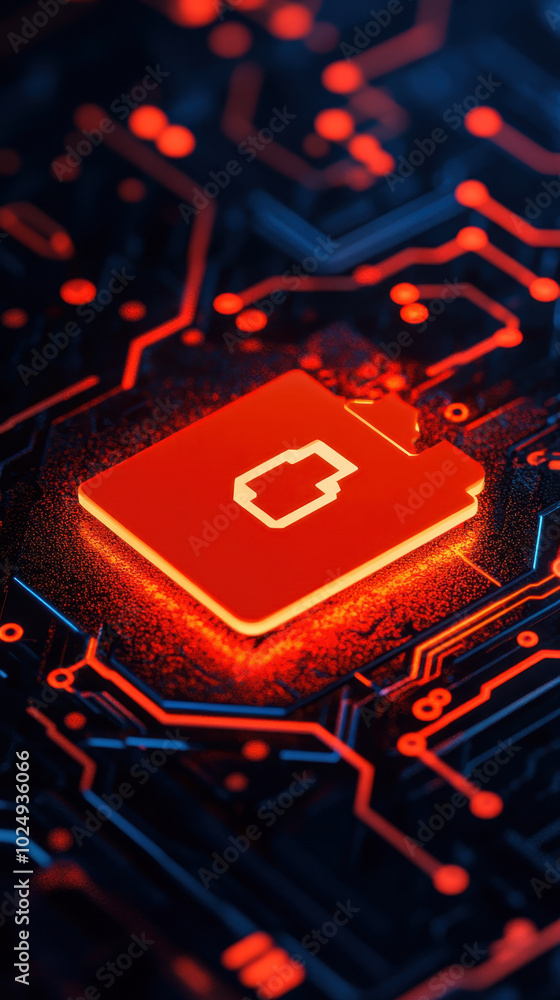 Poster glowing red circuit board with prominent icon, symbolizing technology and innovation, evokes sense o