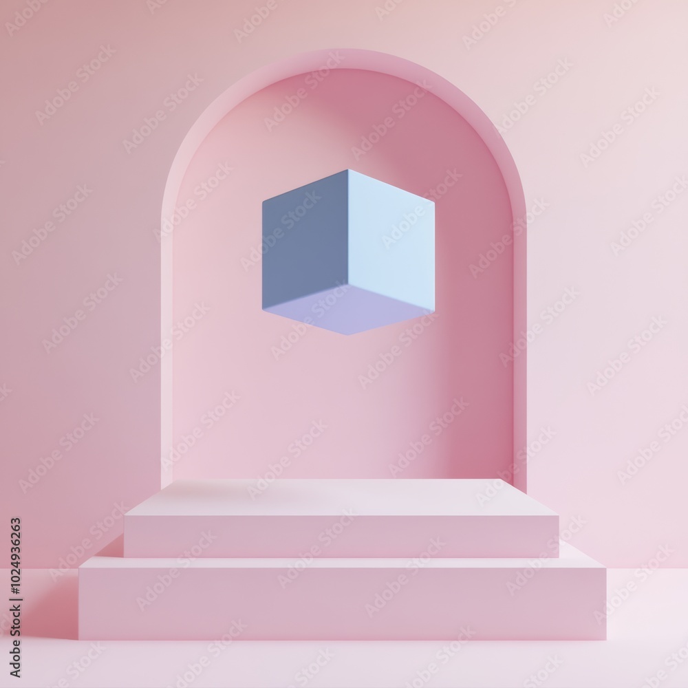 Poster a soft blue geometric cube floating above a white stage with a simple pink background