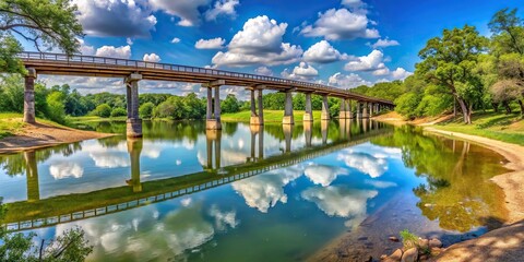 Scenic panoramic view of bridge in Reynolds Creek Campground, Waco Texas