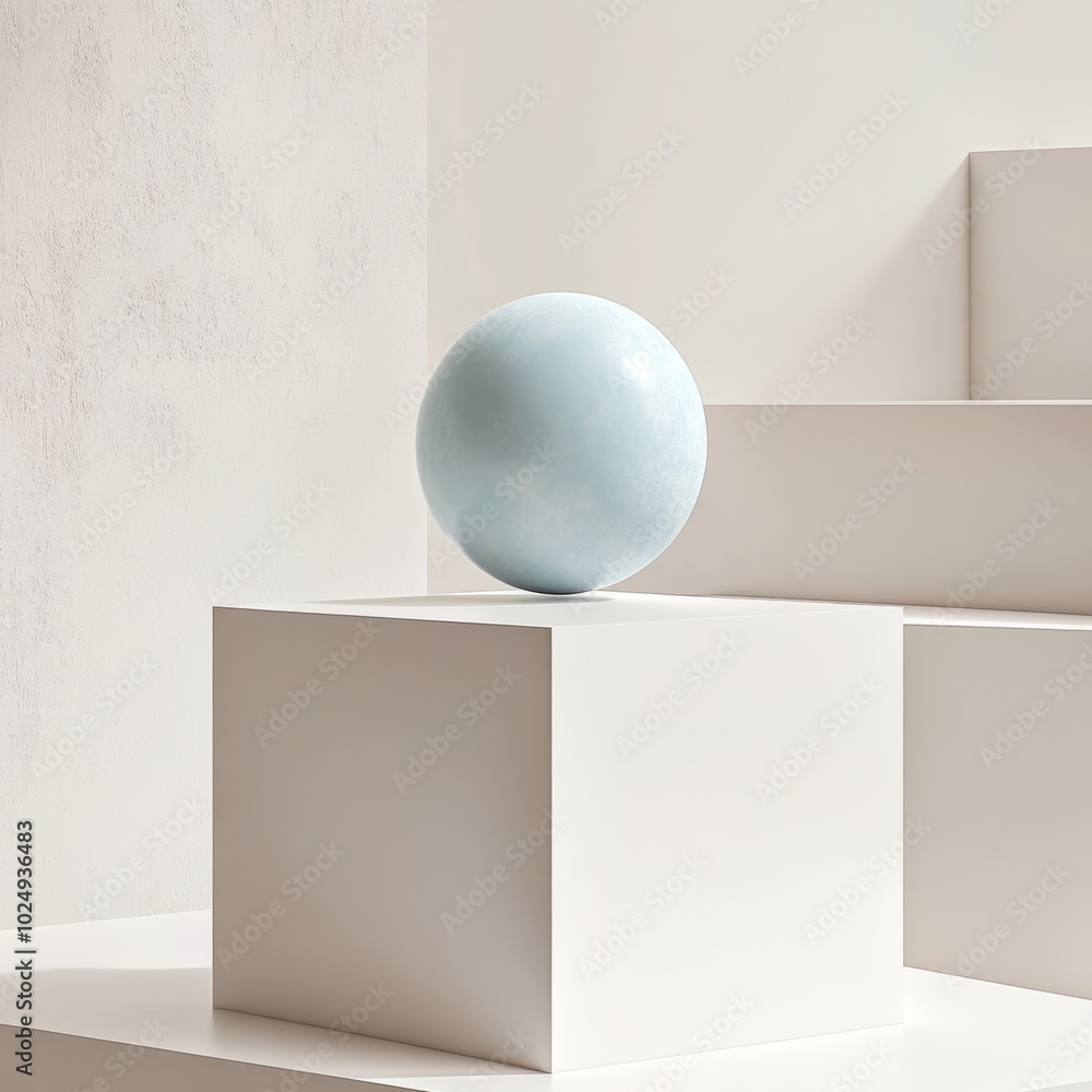 Poster a soft blue geometric sphere floating above a minimal white platform with abstract elements