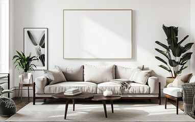 A stylish wall poster mockup in a cozy living room, perfect for showcasing artwork. Generative AI