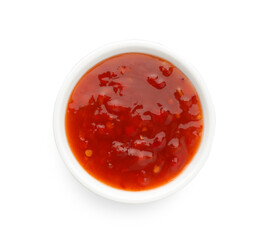 Hot chili sauce in bowl isolated on white, top view