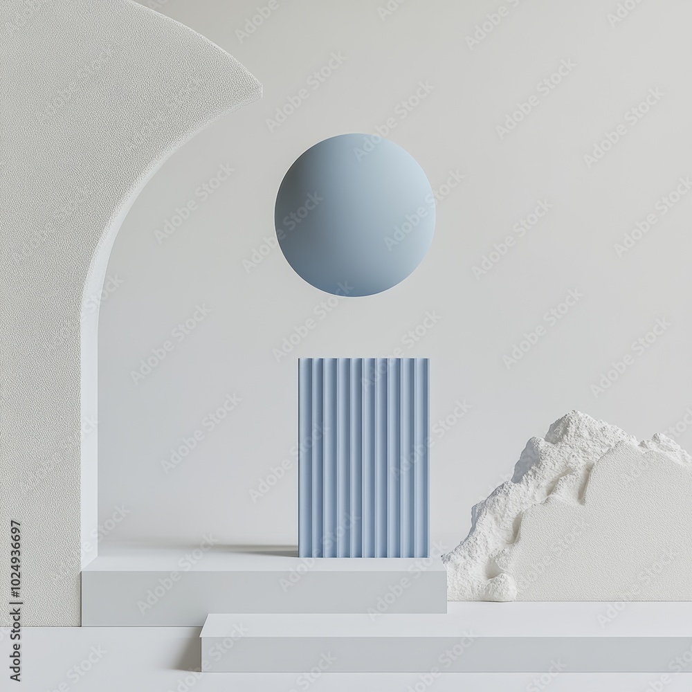 Poster a soft blue geometric sphere floating above a minimal white platform with abstract elements around