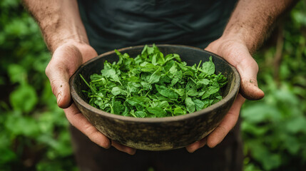 Hands holding bowl of fresh green herbs in forest setting