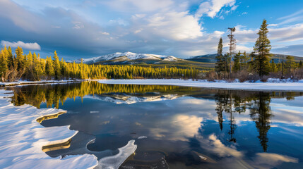 serene winter landscape featuring calm lake reflecting surrounding snow covered mountains and evergreen trees. scene captures beauty of nature in tranquil setting