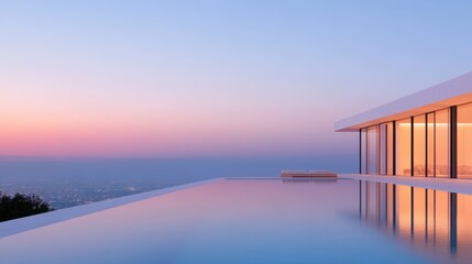 Naklejka premium Luxury villa with infinity pool overlooking city at sunset