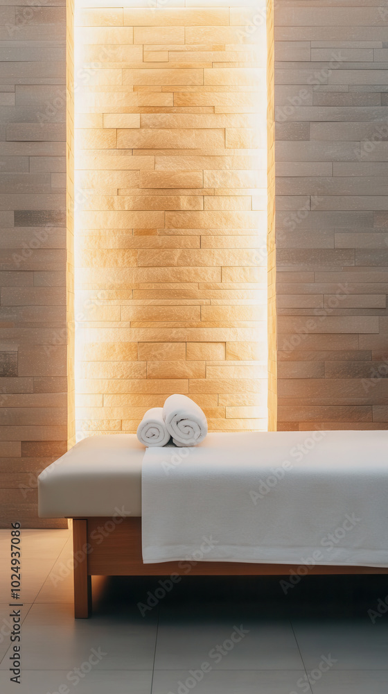 Poster relaxing spa setting with soft lighting and neatly arranged towels