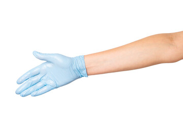 Hand in medical gloves showing greeting gesture on an empty background. Healthcare, friendly interaction, medical communication, design use.
