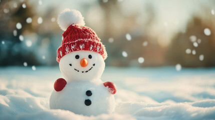 Cheerful snowman adorned in a stylish hat and red scarf, set against a snowy landscape, spreading festive joy for the holiday season.