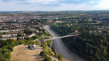 Aerial view of the city Bristol, Clifton Suspension Bridge and Clifton Observatory