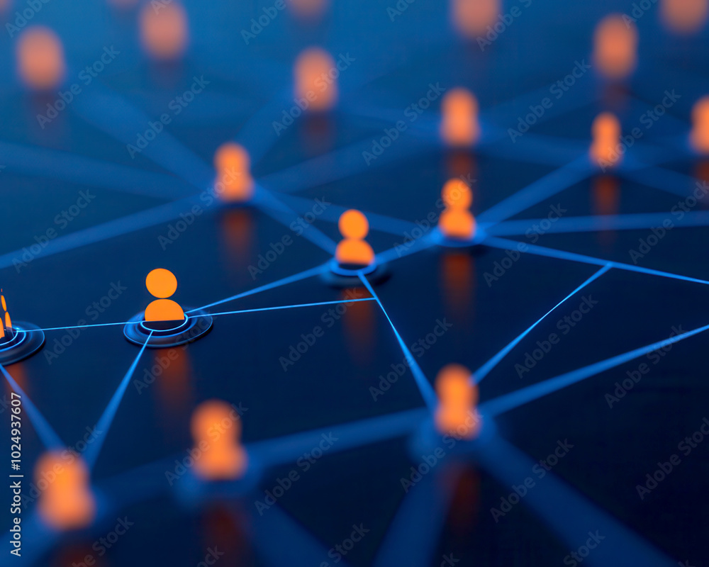 Poster connecting devices and humans through glowing data streams creates vibrant network