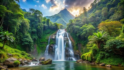 Scenic tropical waterfall in silhouette