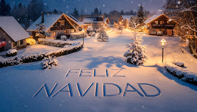 A picturesque snowy village scene illuminated by warm lights features 'FELIZ NAVIDAD' written in the snow, exuding festive warmth and holiday charm under a starry sky.