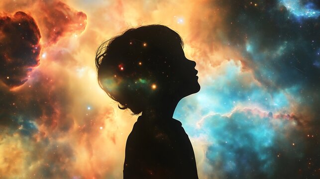 A child's silhouette against a backdrop of multicolored galaxies, representing the endless possibilities of a young mind.