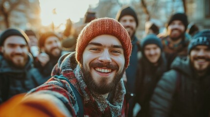 Fototapeta premium Man Taking Selfie with Group