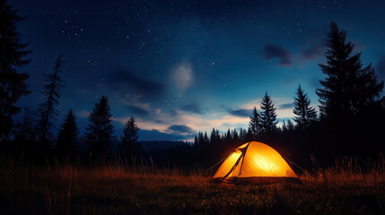 serene camping scene under starry sky with glowing tent