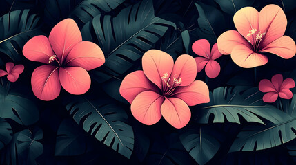 Vibrant tropical flowers amidst dark green foliage.