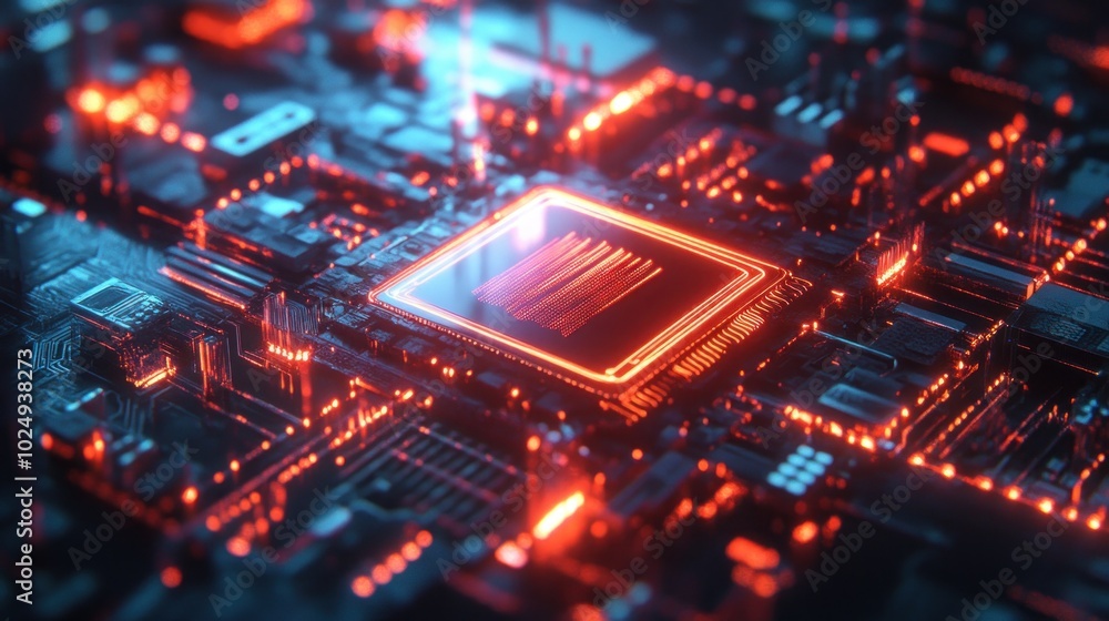 Poster glowing red circuit board with processor chip