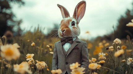 Rabbit in Suit Standing in Field of Flowers