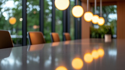 Cozy dining room with warm lighting and nature view