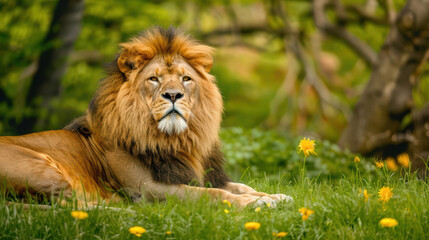 Naklejka premium Majestic lion resting in lush green environment, surrounded by vibrant dandelions. lions impressive mane and calm demeanor evoke sense of strength and tranquility