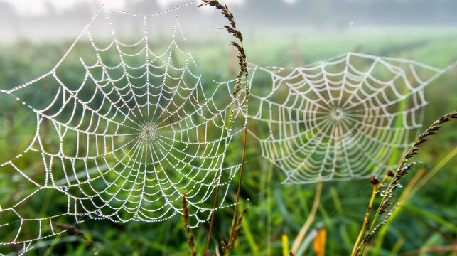Delicate spider webs glisten with morning dew, suspended between blades of grass in serene landscape. soft light enhances intricate patterns, creating tranquil scene