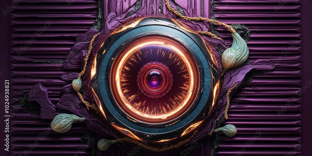 Poster Abstract eye design with glowing light and futuristic elements.