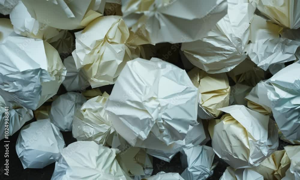 Poster a close up shot of a pile of crumpled white and yellow paper balls creating an abstract texture.