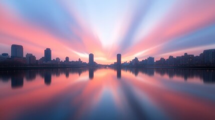 Fototapeta premium Vibrant cityscape skyline reflected in calm waters at sunset