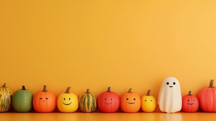A row of pumpkins with smiling faces and a ghost in front of a yellow background.