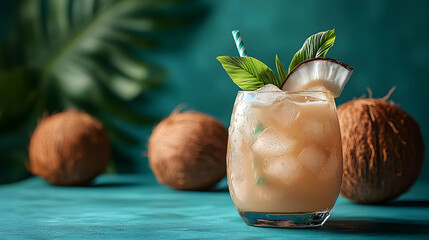 A refreshing cocktail with coconut and greenery on a vibrant backdrop.