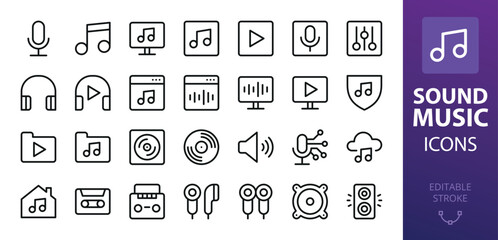 Music and sound isolated icons set. Set of soundtrack, songwriter, music album, listening music, cloud streaming, speech recording mic, tape recorder, audio cassette, earbuds, vinyl record vector icon