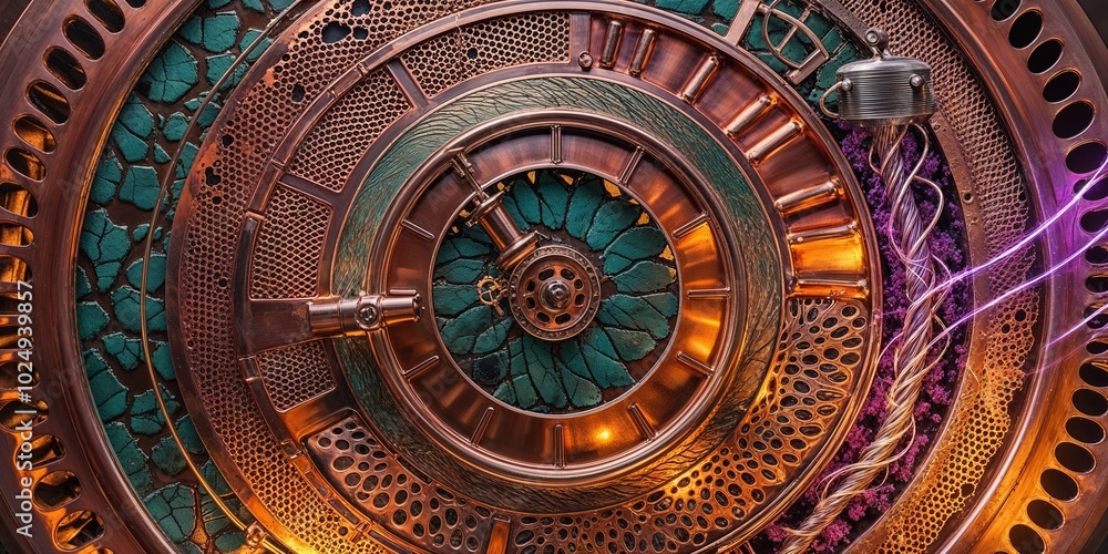 Wall mural Closeup of a steampunk clock face with intricate details and copper accents.