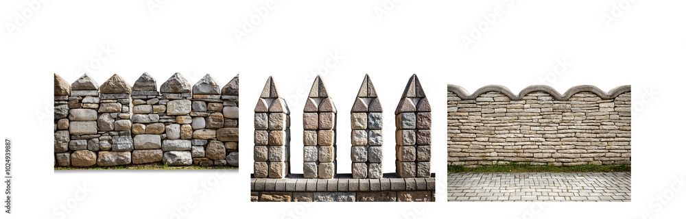 Poster Three different stone walls with unique architectural elements and textures.