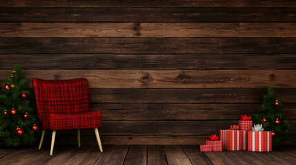 Cozy holiday scene with a red checkered chair, Christmas trees, and wrapped gifts.