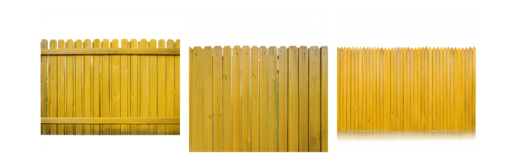 Three sections of a yellow wooden fence with pointed tops.