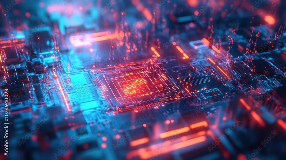 Poster a close-up view of a circuit board with glowing red and blue lines