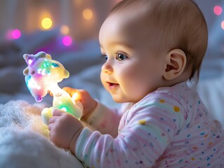 A joyful baby gazes at a glowing unicorn toy in a cozy setting, surrounded by soft lights, creating a warm and whimsical atmosphere.