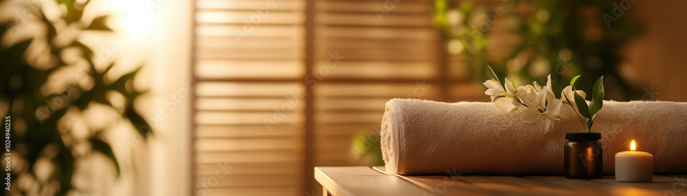 Poster relaxing spa setting with soft lighting and towel