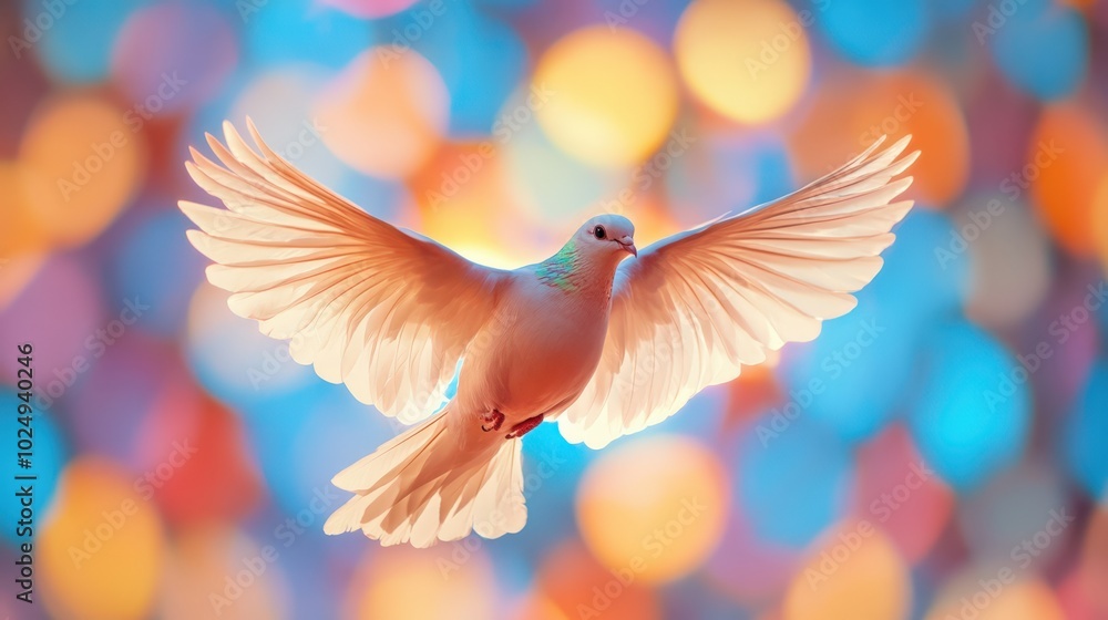 Aufkleber dove in flight with colorful bokeh background
