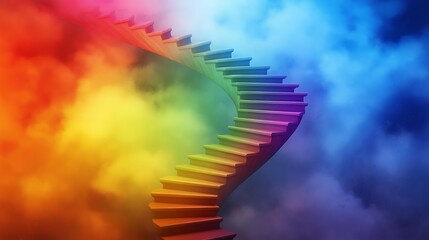Obraz premium A rainbow spiral staircase leading up into a cloud of bright colors, symbolizing the ascent through creativity.