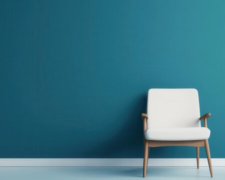 modern white chair in clean, empty blue room creates serene atmosphere